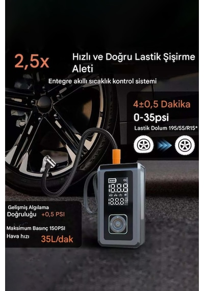 Exenar - Siyah - Akü Takviye Cihazı Hava Pompası 150psi Powerbank 8000mah 1000a Jump Starter Marş Basma Led Fenerli