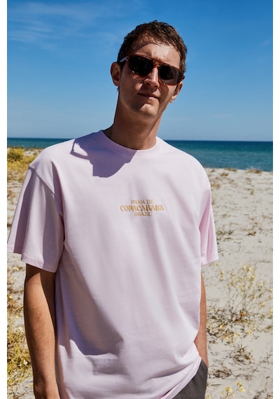 Grımelange Copacabana Erkek Ön Arka Çatlayan Baskı Detaylı %100 Organik Pamuk Oversize Kısa Kollu Pembe T-shirt