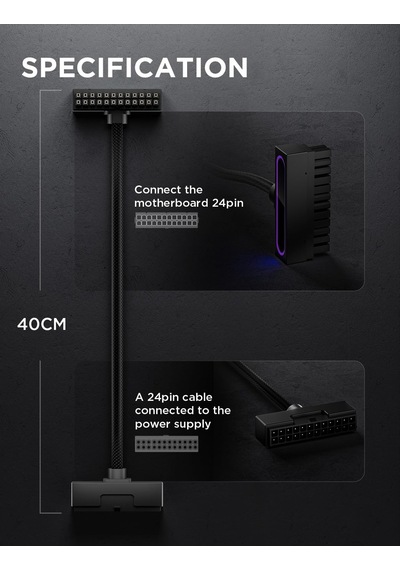 Hydrus-24pın Pc Psu Uzatma Kablosu Argb Led, Bakır Tel Anakart Güç Uzatma Kablosu Entegre Minimalist Tasarım, 2000w Güç Tüm Set , Kablo Yönetimi Ve Dıy İçin Pc Güç Kablosu