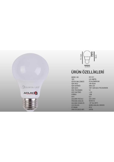 Dünya Led 10W E 27 4000K Gün Işığı Led Ampul