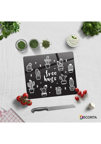 Decorita Cam Kesme Tahtası|Free Hugs-Siyah Fon|29cmx34cm