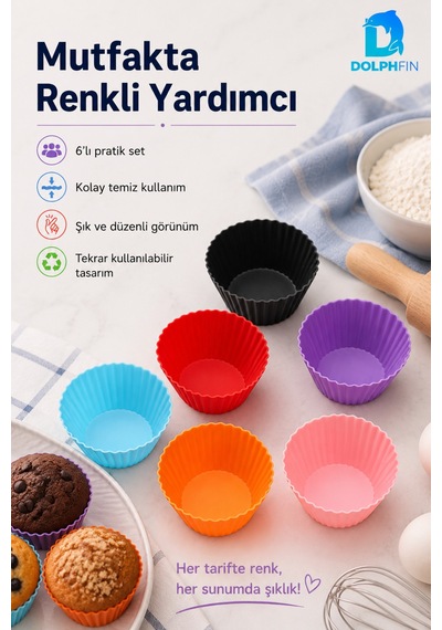 6 Lı Renkli Silikon Muffin Kalıbı Cupcake Kek Kalıbı Esnek Tekrar Kullanılabilir Muffin Kabı Çok renkli