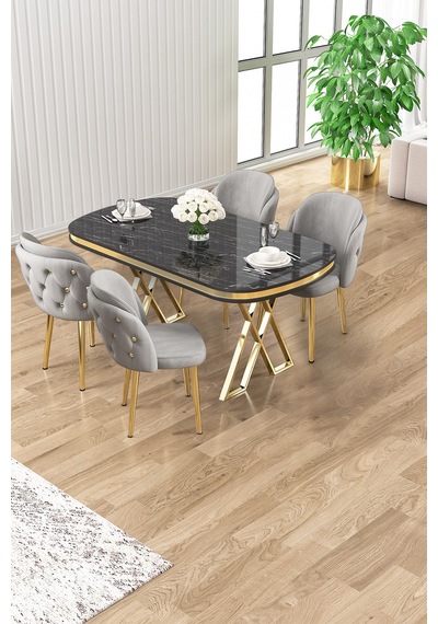 Canisa Zae Serisi 90x168 Lak Panel Siyah Mermer Desen Gold Ayak Masa Takımı 4 Gri Sandalye Masa Siyah Mermer Desen Sandalyeler Gri Canisa Zae Serisi 90x168 Lak Panel Siyah Mermer Desen Gold Ayak Masa Takımı 4 Gri Sandalye Masa Siyah Mermer Desen Sandalyeler Gri
