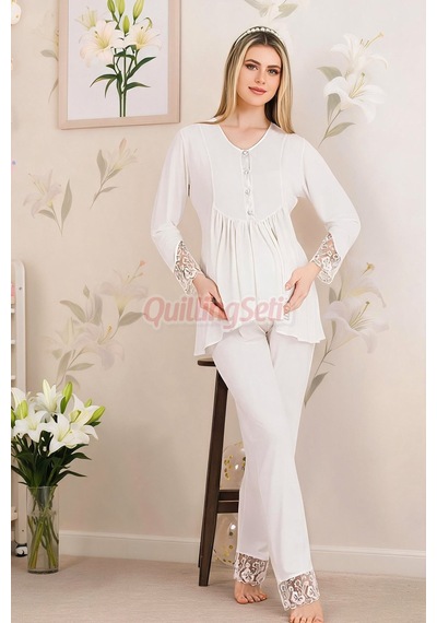 Lady Dantel Detaylı 33204 Uzun Kol, 2 Parça Lohusa Hamile Pijama Takımı Ekru