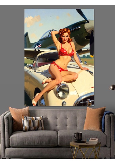 Ahşap Tablo Pin-up Kız Ve Retro Araba