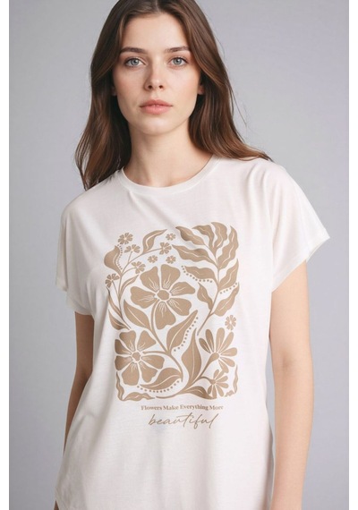 Defacto Bisiklet Yaka Çiçekli Ekru Kadın T-shirt G8804ax/er105 Ekru