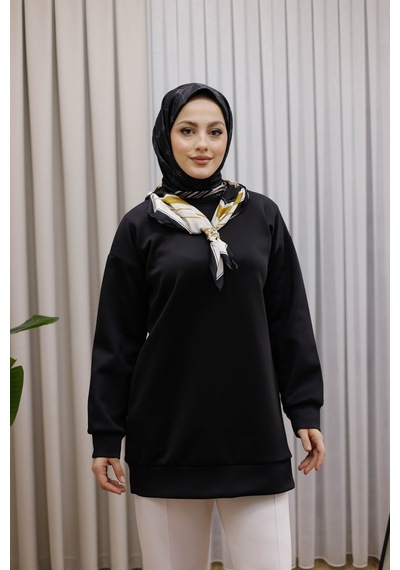 Moonsc Kadın Regular Fit Pamuklu Yaka Fularlı Bisiklet Yaka Siyah Tunik