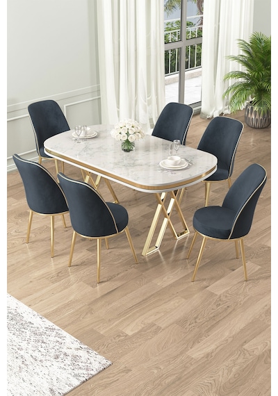 Canisa Lai Serisi 90x168 Lak Panel Beyaz Mermer Desen Gold Ayak Masa Takımı 6 Antrasit Sandalye Masa Beyaz Mermer Desen Sandalye Antrasit Canisa Lai Serisi 90x168 Lak Panel Beyaz Mermer Desen Gold Ayak Masa Takımı 6 Antrasit Sandalye Masa Beyaz Mermer Desen Sandalye Antrasit