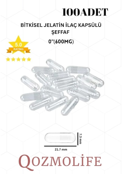Qozmolife Orta Boy Şeffaf Bitkisel Jelatin Boş Kapsülü Helal Sertifikalı 0"600mg 100 Adet