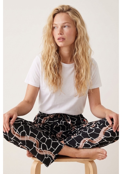 Aura Collections Kadın Sandy Kumaş Mozaik Desenli Pijama Altı Beli Lastikli İpli Rahat Kesim Geniş Paça Dökümlü Ev Giyim Pantolon Siyah