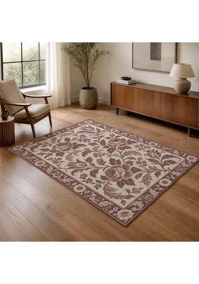 Kartela Halı Vintage Çiçek Bordürlü Halı Gül Kurusu Kaymaz Taban Makinede Yıkanabilir 100x150 Cm