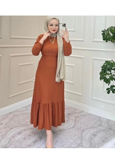 Lovie Moda Kadın Eteği Volanlı Elbise Taba