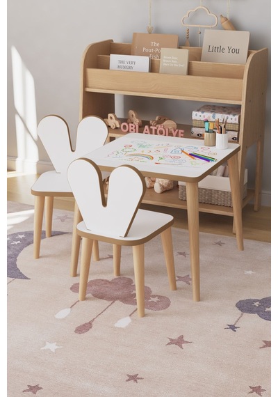 Resim Kağıdı Rulolu Çocuk Aktivite Masası 45x45 Cm 2 Sandalyeli Tavşan Sandalye Çok Renkli