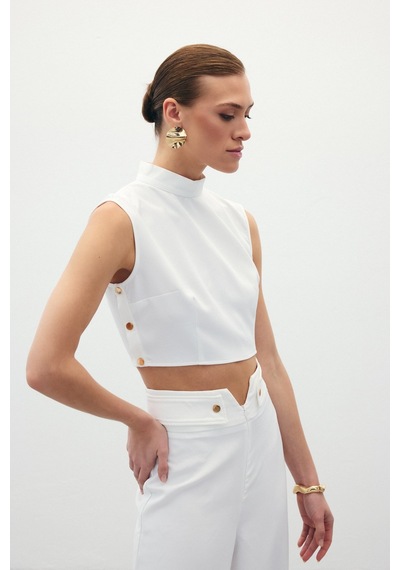 Sateen Çıt Çıt Detaylı Crop Bluz - Ekru-134919 Ekru