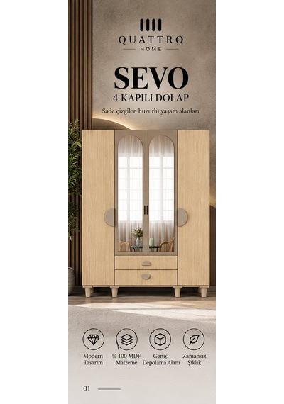 Sevo 4 Kapaklı Dolap Ahşap