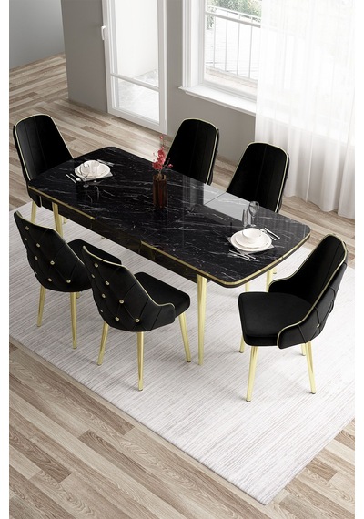Canisa Tia Serisi 80x132 Açılabilir Siyah Mermer Desen Gold Detay Masa Takımı Ve 6 Siyah Sandalye Masa Siyah Mermer Desen Sandalye Siyah Canisa Tia Serisi 80x132 Açılabilir Siyah Mermer Desen Gold Detay Masa Takımı Ve 6 Siyah Sandalye Masa Siyah Mermer Desen Sandalye Siyah