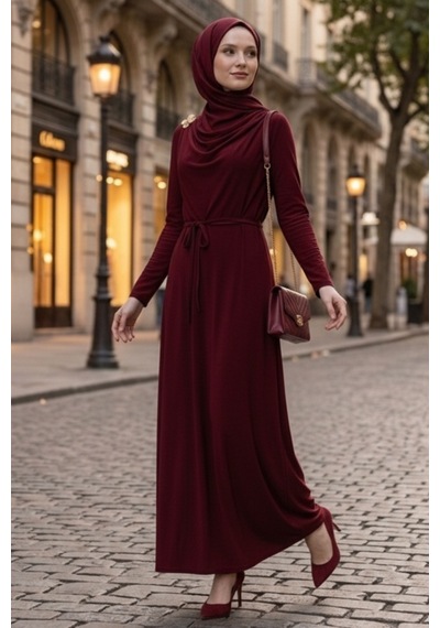 Bestenur Şal Bağlamalı Elbise 1691 - Bordo Bordo