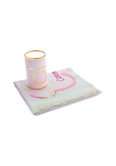 Canım Anneme İsim Nakışlı Seccade Ve İnci Tesbihli Özel Silindir Kutulu Set Pembe