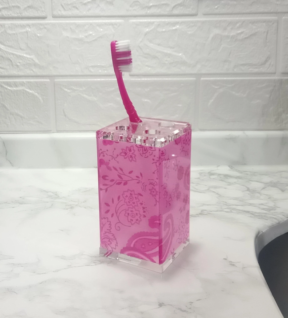 2 Adet Diş Fırçalık Pembe Çiçekli Akrilik 6x6x12cm Banyo Seti Çok Renkli