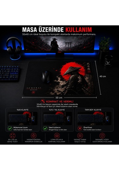 Baskılı Dijital Tasarımlı Oyuncu Mouse Pad, Kaymaz Taban, Dikişli Gaming Mouse Pad Samurai 50x40 Cm