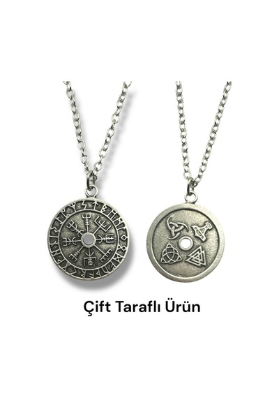 Çift Taraflı Viking Sembolü Unisex Kolye 60 Cm Zincirli, Güç Ve Koruma Temalı Tasarım Çok renkli