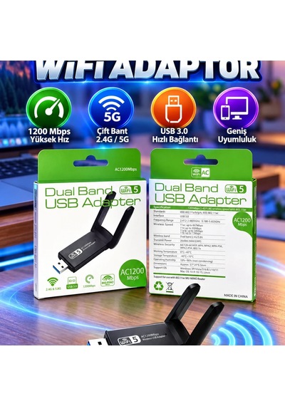 1200 Mbps Çift Bant Usb Wifi Adaptör Geniş Uyumluluklu Yüksek Hızlı Kablosuz Ağ Bağlantısı 92333055