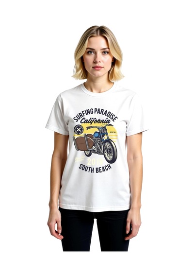 Paybuy Kadın Retro Motosiklet Baskılı Kısa Kollu Tişört Surfing Paradise