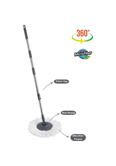 Flora Balerina Döner Başlıklı Mop Sap Seti F181, Saplı Başlıklı Mikrofiber Temizlik Paspası Gri