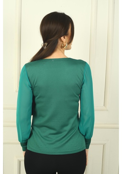 By Saygı Kadın V Yaka Yarısı Şeritli Kolları Şifon Kazak-39628 Yeşil