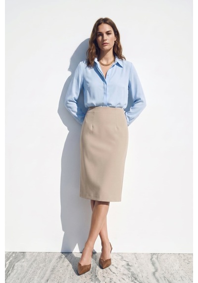 Sateen Düz Kalem Etek - Koyu Bej-137399