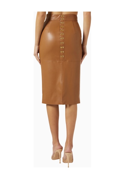 Elisabetta Franchi Deri Görünümlü, Korse Detaylı Fitted Pencil Midi Etek Kahverengi