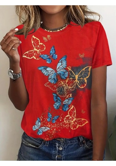Hazego Kadın Kısa Kollu Mavi Sarı Kelebek Baskı Süprem T-shirt Kırmızı