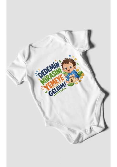 Morivokids Dedemin Mirasını Yemeye Geldim Kısa Kollu Bebek Body %100 Pamuk Beyaz