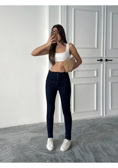 Kadın Yüksek Bel 6 Düğmeli Kot Dar Paça Pantolon Jeans Lacivert