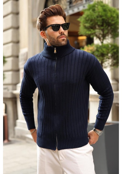 Madmext Lacivert Çift Fermuarlı Slim Fit Çizgili Erkek Triko Hırka E7522