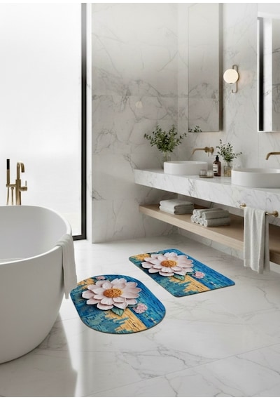 2 Li Sihirli Paspas,su Emici, Kaymaz Tabanlı, Banyo,duş,mutfak,lavabo,balkon Kapısı 57,5x38 Cmx 2 Çiçekli1