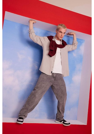 Defacto Slim Fit Dar Kesim Pamuklu Basic Düz Uzun Kollu Gömlek A4644AX23AUGR91 Gri
