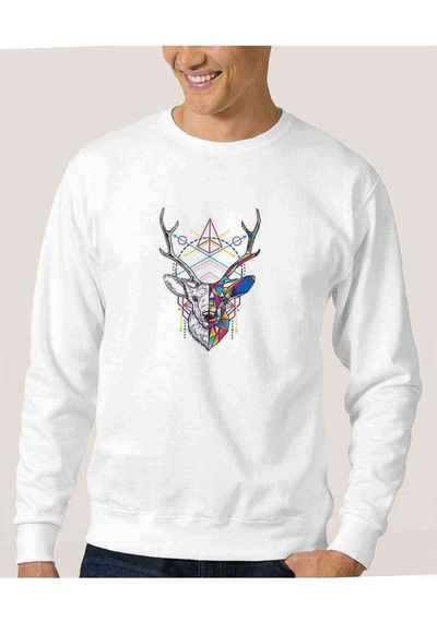 Triangles Deer Geyik Baskılı Beyaz Erkek Örme Sweatshirt (530937144)