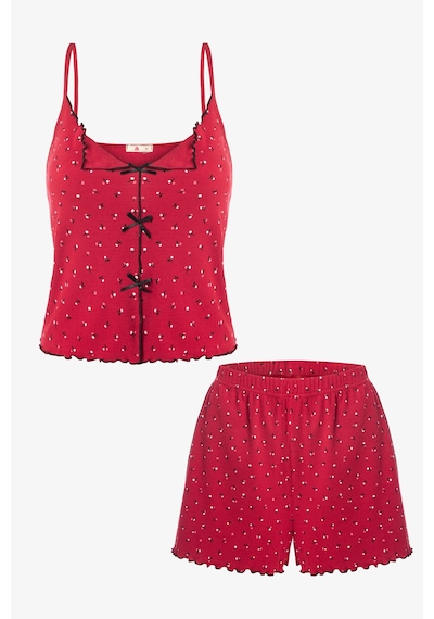Kadın İnce Askılı Fiyonklu Pamuklu Şortlu Pijama Takımı Kk30228 Bordo