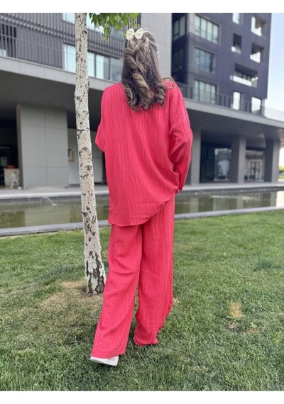 Kadın Gofre Alt Üst Gömlek Fuşya Pantolon Takım - S504472 Pembe