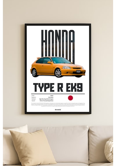 Honda Type R Ek9 Araba Siyah Ahşap Çerçeveli Poster, Dekoratif Duvar Tablosu