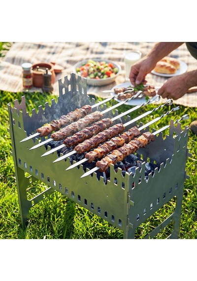 Kamp Ayısı Castlegrill 2mm Galvaniz Çelik, Katlanır, 13 Şiş Kapasiteli Şiş Mangalı Ve Ateş Çukuru Gri