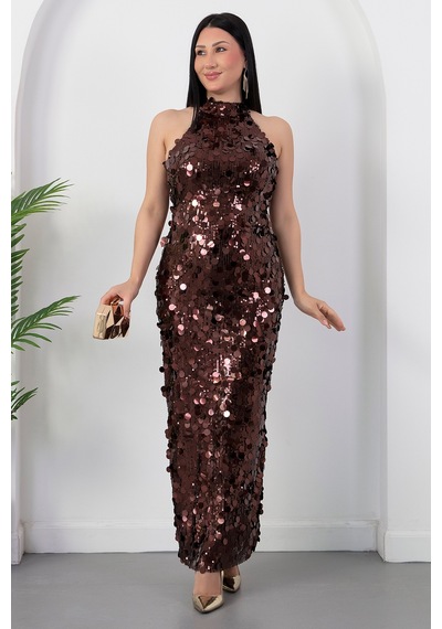 Kalopya Halter Yaka Büyük Pullu Elbise Abiye Ecr6094 Kahverengi