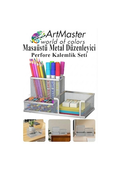 Gümüş Gri Masaüstü Metal Kalemlik Seti 3 Lü Kombo 1 Paket Fileli Perfore Renkli Kalemlik Kağıtlık Küpnotluk Düzenleyici Gümüş Gri