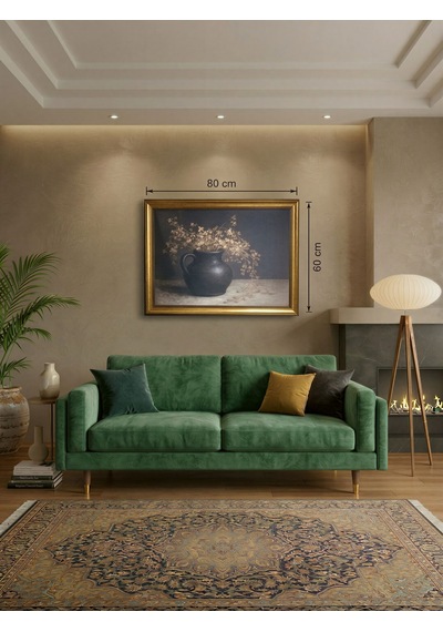 Antika Gold Çerçeveli Toprak Testide Kuru Çiçek Tablosu - Vintage Salon Duvar Dekoru 80x60 Cm