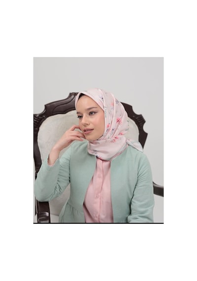 Bushu Çiçek Ve Desenli Twill Eşarp Pembe Çıtır Çiçek