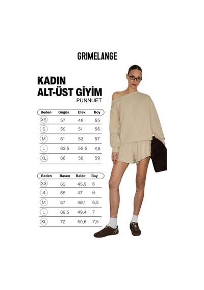 Grimelange Punnuet Kadın Organik Pamuklu Kayık Yaka Beli Lastikli Çift Cepli Relaxed Bej Alt-üst Tak Bej
