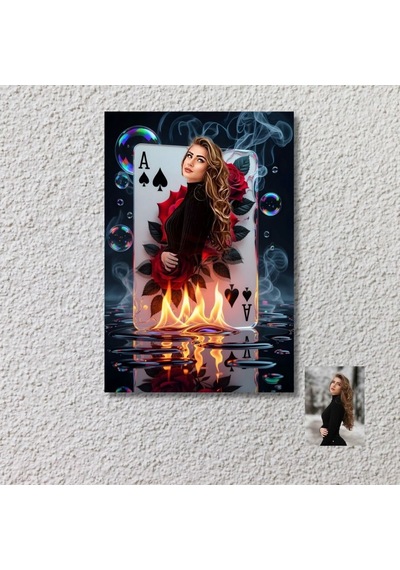 Kişiye Özel Maça Ası Tasarımlı 20x28 Cm Mdf Poster Alev Ve Su Efektiyle Özel Fotoğraf Baskısı
