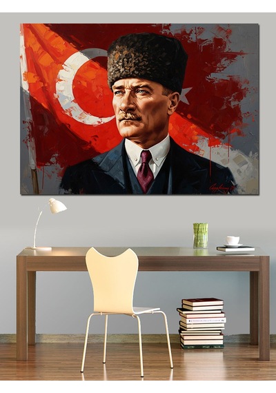 Bayrak Önünde Atatürk Portre Sanatı Dekoratif Kanvas - Mdf Ahşap Tablo