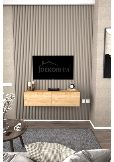 Df17101 Duvara Monte Tv Ünitesi Kapaklı Raflı Tv Sehpası Modern Duvar Raflı Tv Alt Ünitesi Safir Meşe